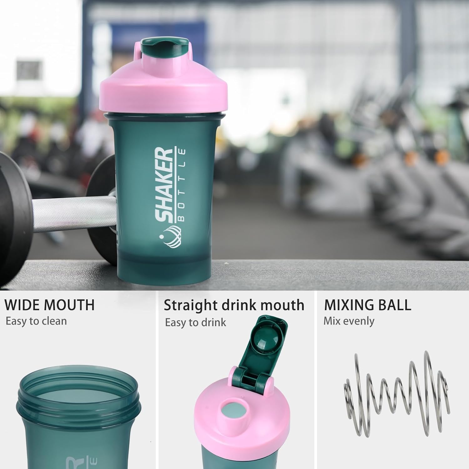 Shaker Bottle,400ml Small Protein Shaker Bottle with Mixing Ball, Portable 14oz GYM Shakes Cup for Workout,BPA free, 100% Leak Proof,Dishwasher Safe（Green） - Image 3