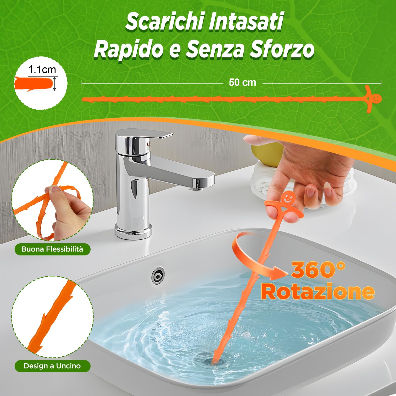 Forlivese 5 Pack 20 Pollici Spirale di pulizia dello scarico, bastoncini teneri di pulizia dello scarico, spirale riutilizzabile di pulizia del tubo