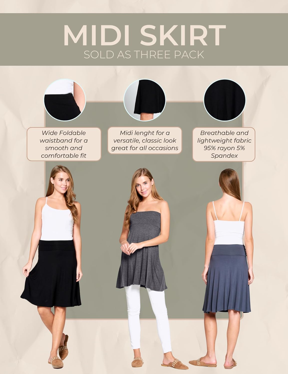 Popana Midi Skirt for Women, Flowy Skirts for Women Midi Length (3 Pack) | A-Line Skirts, High Waisted Knee Length Skirts for Women, Mid Length, Soft Stretchy Rayon, Petite & Plus Size
