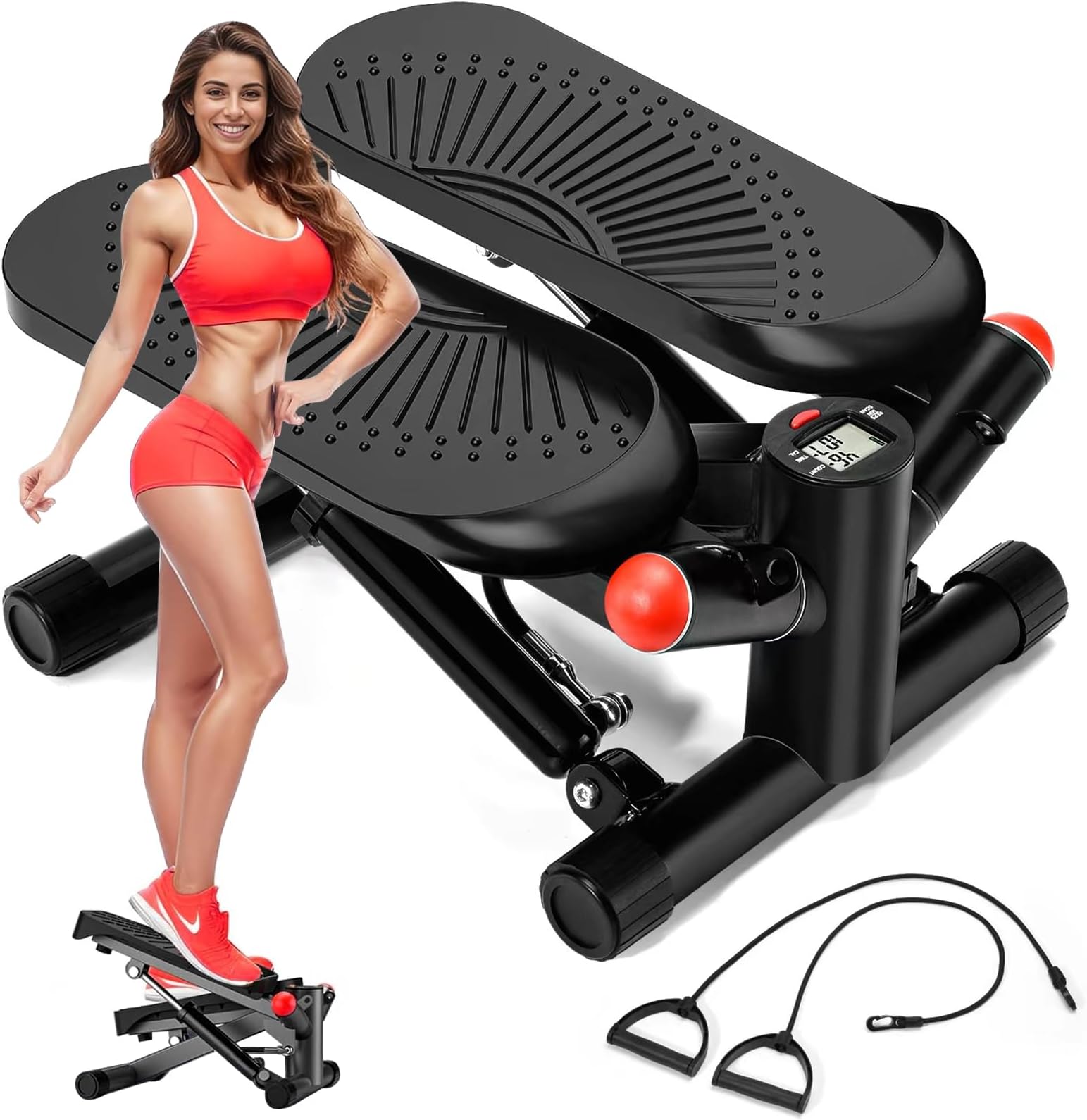 Steppers for Exercise at Home, Stair Stepper with Resistance Bands, Upgraded Air-Powered Mini Stepper with 350lbs Loading Capacity,Twist Stepper Portable Exercise Equipment for Full Body Workout