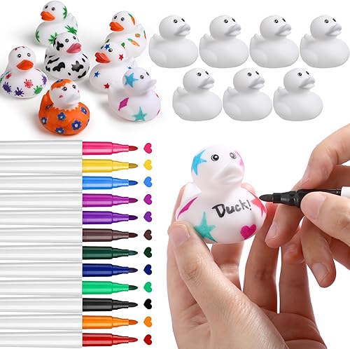 Miniatura 4 de Patos de goma en blanco de 2 pulgadas con bolígrafos de 12 colores para piscina, bañera, flotador, lindos patos, regalos de cumpleaños, regalos de