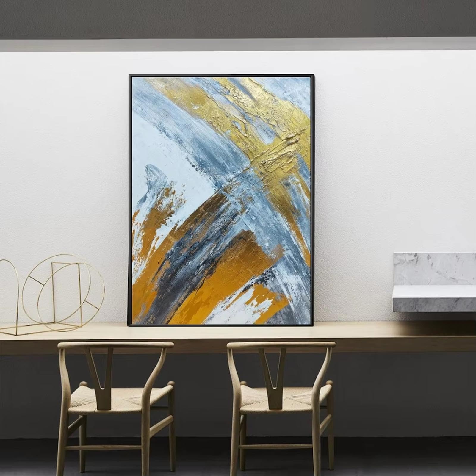 Lienzo decorativo para pared, diseño de hojas doradas, abstracto moderno, azul y gris, 40x56cm(16x22in) marco negro.