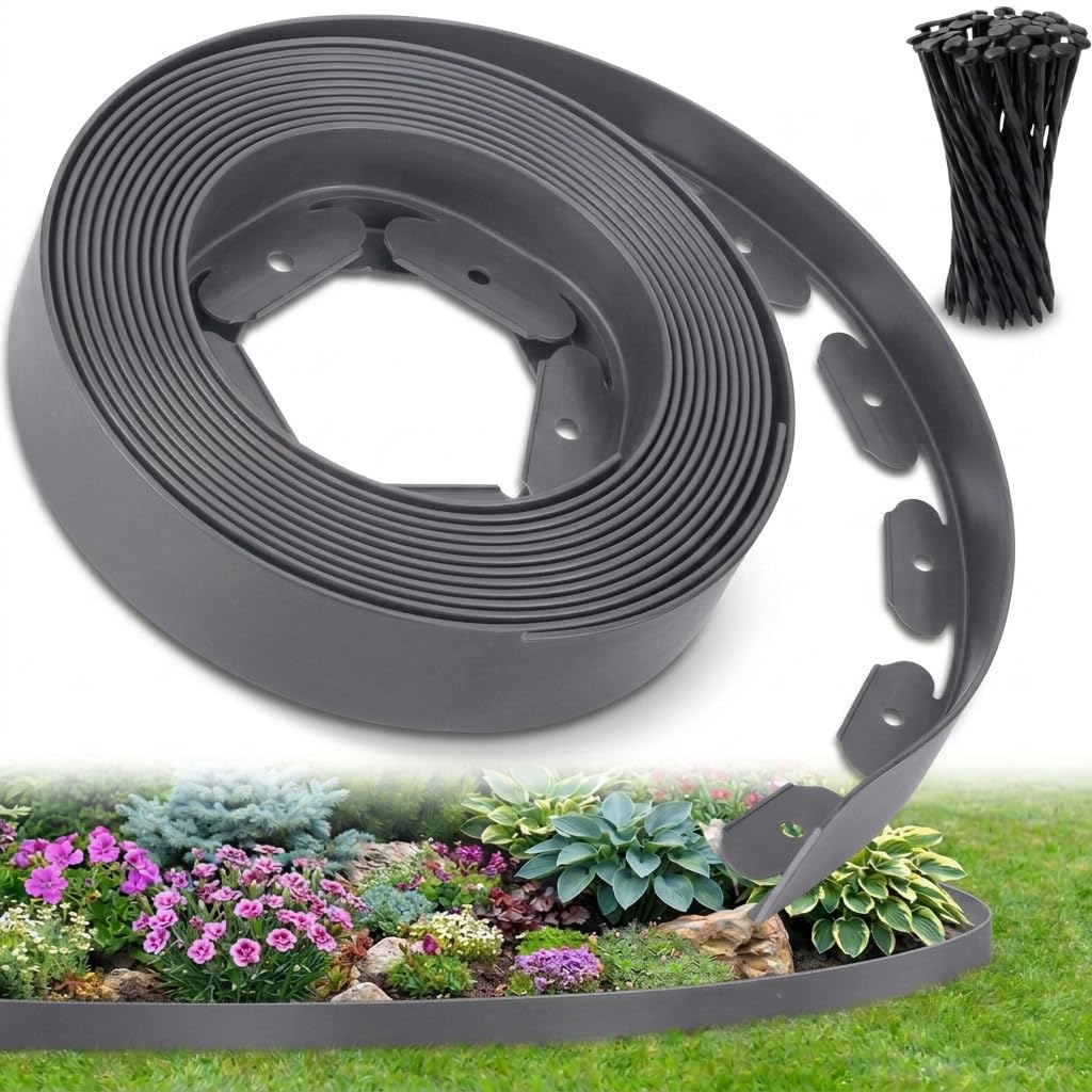 Ediesi, Bordura Jardín Exterior, 10 m, Flexible, Borde plástico Resistente 5 mm, borduras para delimitador césped, Caminos fácil instalación con 30 Piquetas (Negro, 10 Metros) — view 10