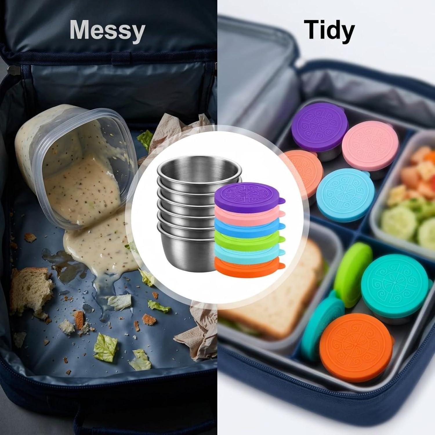 Small Sauce Cups 18 Pcs, Stainless Steel Salad Dressing Cups with Colorful Silicone Lids, Reusable Leakproof, 1.35/1.69/2.37 Oz Portable Dipping Sauce Containers