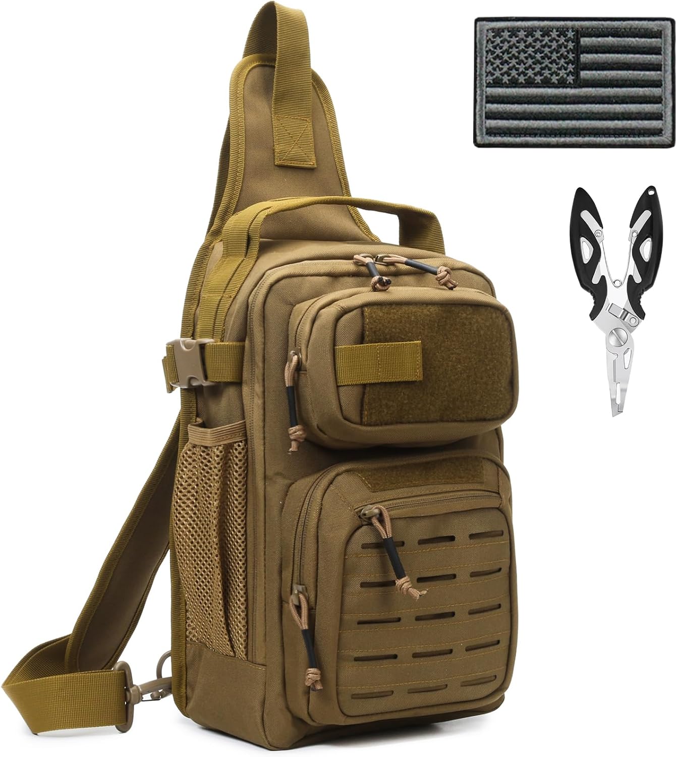 Fishing Backpack, 12L Tackle Storage Sling Bag Lightweight Sling Pack Tactical Shoulder Backpacks Tool Bags with US Flag Patch and Fishing Plier (1 Pack Tan) Fishing Backpack, 12L Tackle Storage Sling Bag Lightweight Sling Pack Tactical Shoulder Backpacks Tool Bags with US Flag Patch and Fishing Plier (1 Pack Tan)