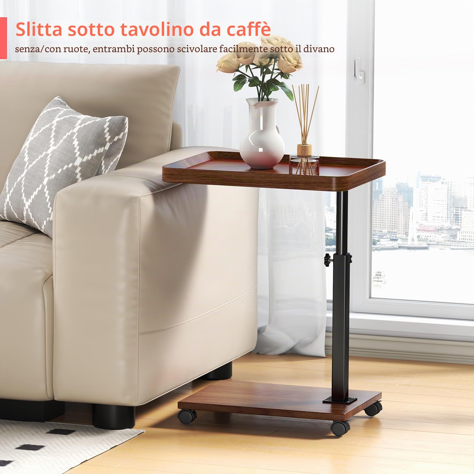 Tavolino laterale regolabile in altezza a forma di C, in legno, girevole a 360°, per divano letto, soggiorno, laptop, caffè su ruote