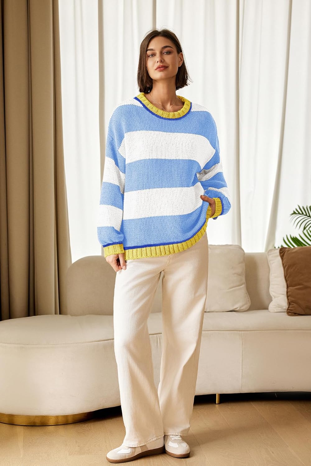 Nirovien Womens Oversized Sweater Colorblock Striped Sweater Chunky Cable Knit Crewneck Pullover Tops - Image 3