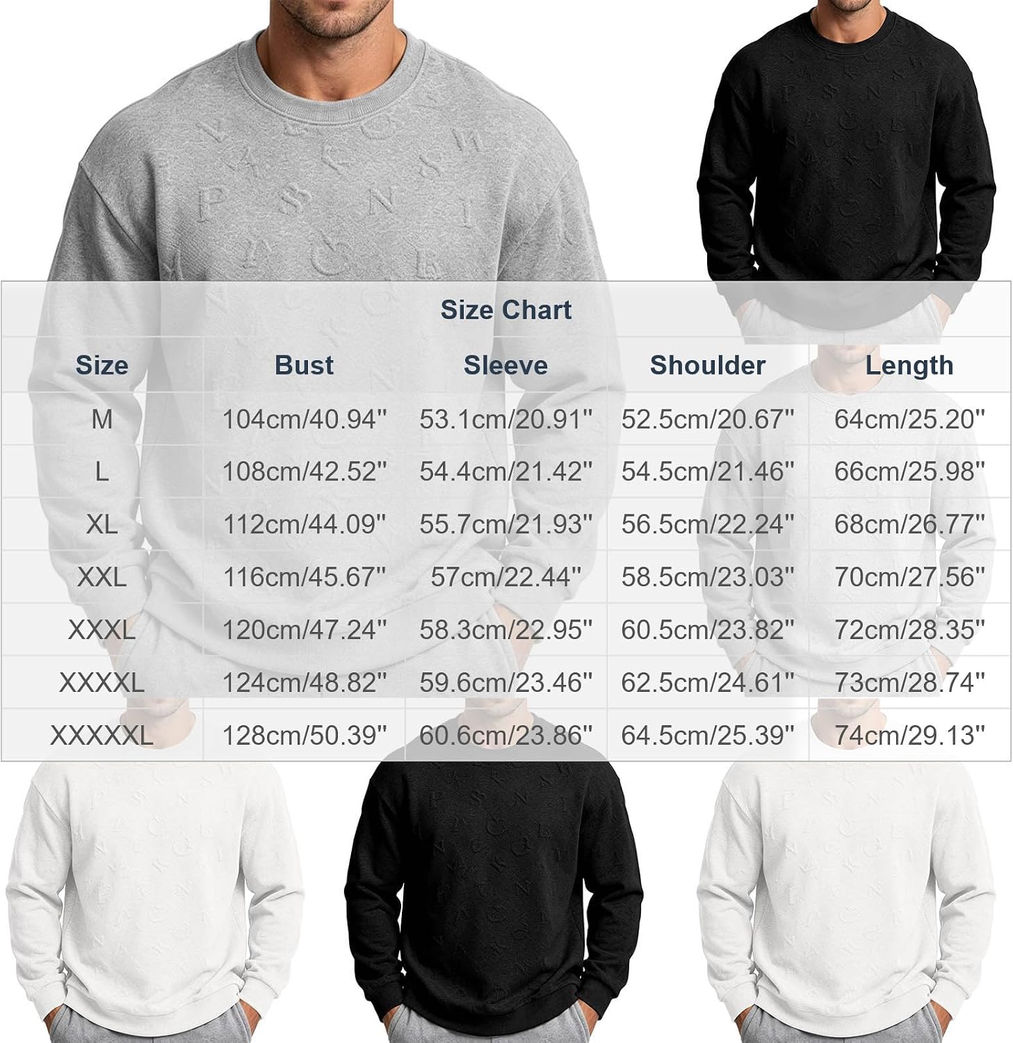 Mens Embossed Sweatshirts Long Sleeve Crewneck Pullovers | 3D Raised Letter Pattern, Minimalist Urban Streetwear, Solid Color Casual Tops, Ribbed Cuffs And Hem, Soft Cozy Loungewear