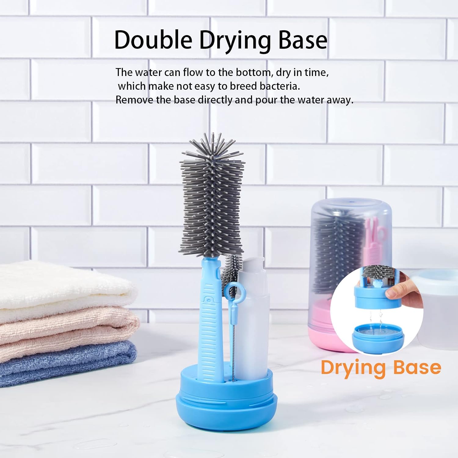 Travel Bottle Cleaner Kit, Silicone Baby Bottle Brush Set with Bottle Brush, Drying Rack, Nipple Brush,Straw Brush,Soap Dispenser, Portable Baby Bottle Brush Cleaner for Home and Travel,Blue