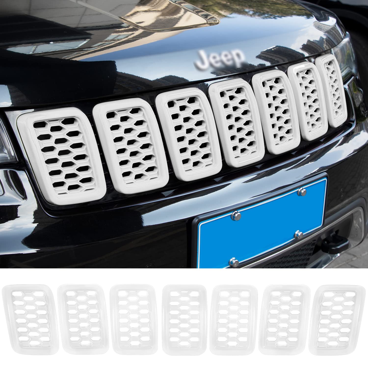 Front Grill Mesh Inserts Rings Covers Inserts Kit For Jeep Grand Cherokee 2017 2018 2019 2020 2021 Honeycomb Mesh Exterior Accessories Covers Inserts Kit ( White,7Pcs )