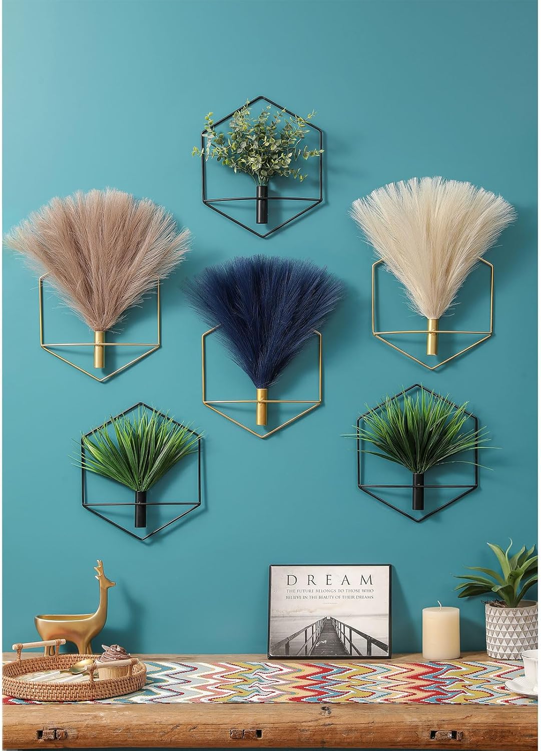 Pretty Jolly Wall Decor, Hexagonal Wall-Mounted Metal Wall Decor, Hanging Artificial Plant Indoor Display, Wall Art Living Room, Bedroom, Honeycomb Greenery Wall Decor 3 Pack Black Oliver