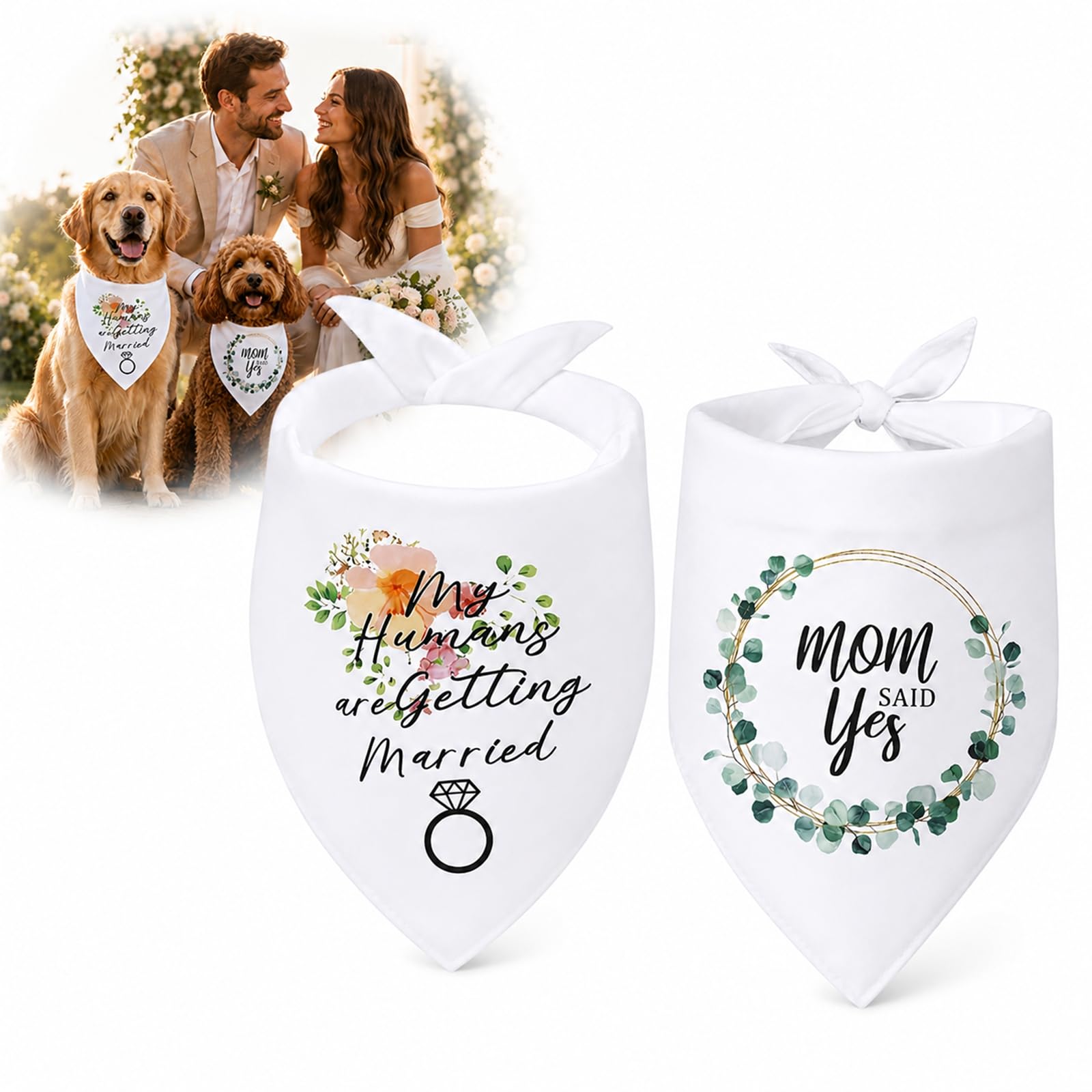 2 Pack White Dog Wedding Bandanas - My Humans Are Getting Married & Mom Said Yes Tie-On Pet Scarves, Engagement Announcement Photo Props, Wedding Ceremony & Celebration Accessories for Dogs