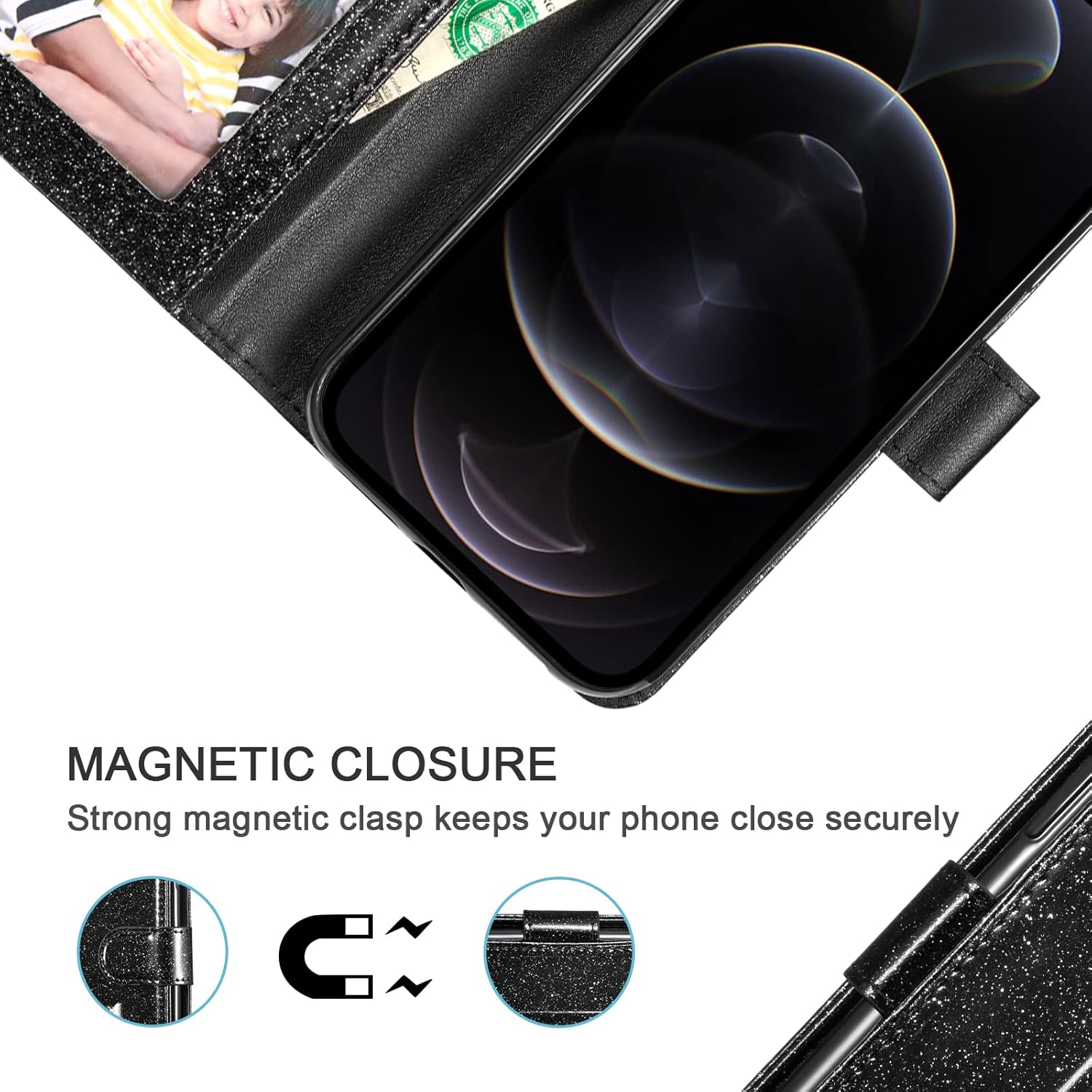 UEEBAI Wallet Case for iPhone 17 Pro Max, Glitter PU Leather Phone Cover Card Slots Kickstand Wallet Magnetic Closure Bling Flip Case Shockproof Hand Strap Flip Cover - Black - Image 4