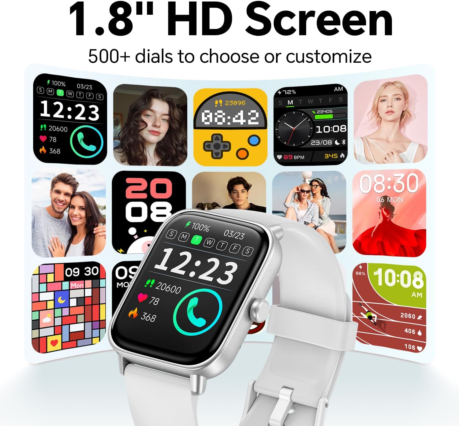 Smart Watch for Women Men, Alexa Built-in,1.8 Inches Large Display, Bluetooth Calls,Received Text, Health Monitoring, Sport Watch, Waterproof Fitness Tracker Watch for Android iOS (White, 1.8 inches)