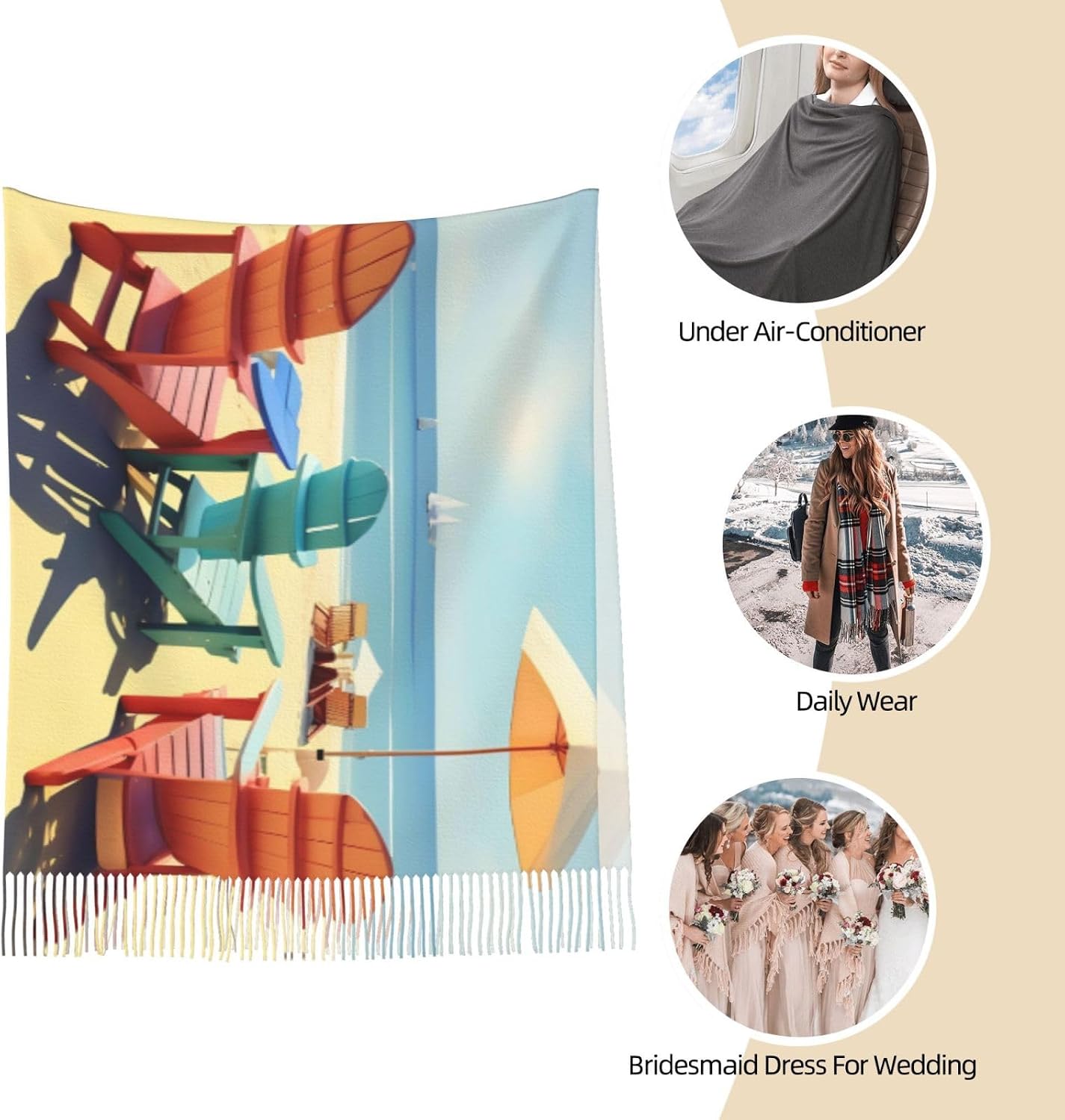 Beach Chairs and Scenery print Winter Scarf for Women Men Women Scarf Fashion Christmas Long Scarf with Tassels Shawl Wrap