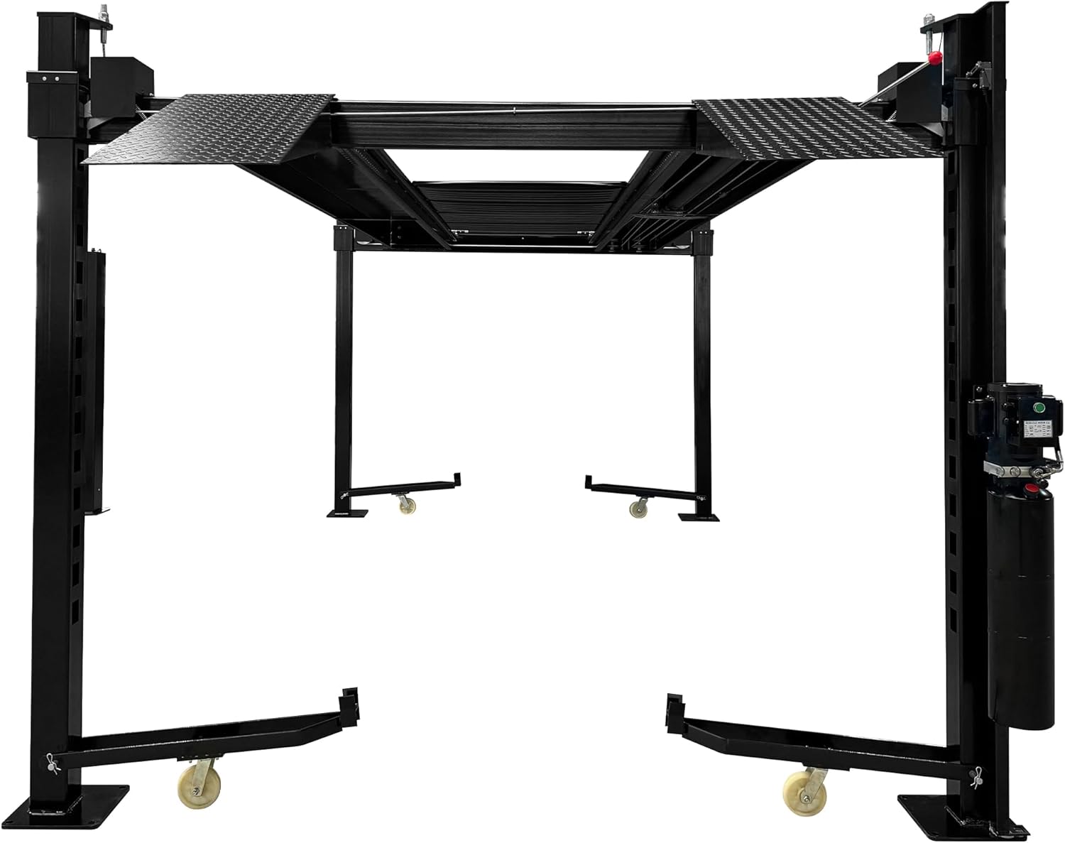 APlusLift HW-4P11S 4-Post Car Lift in a raised position with casters