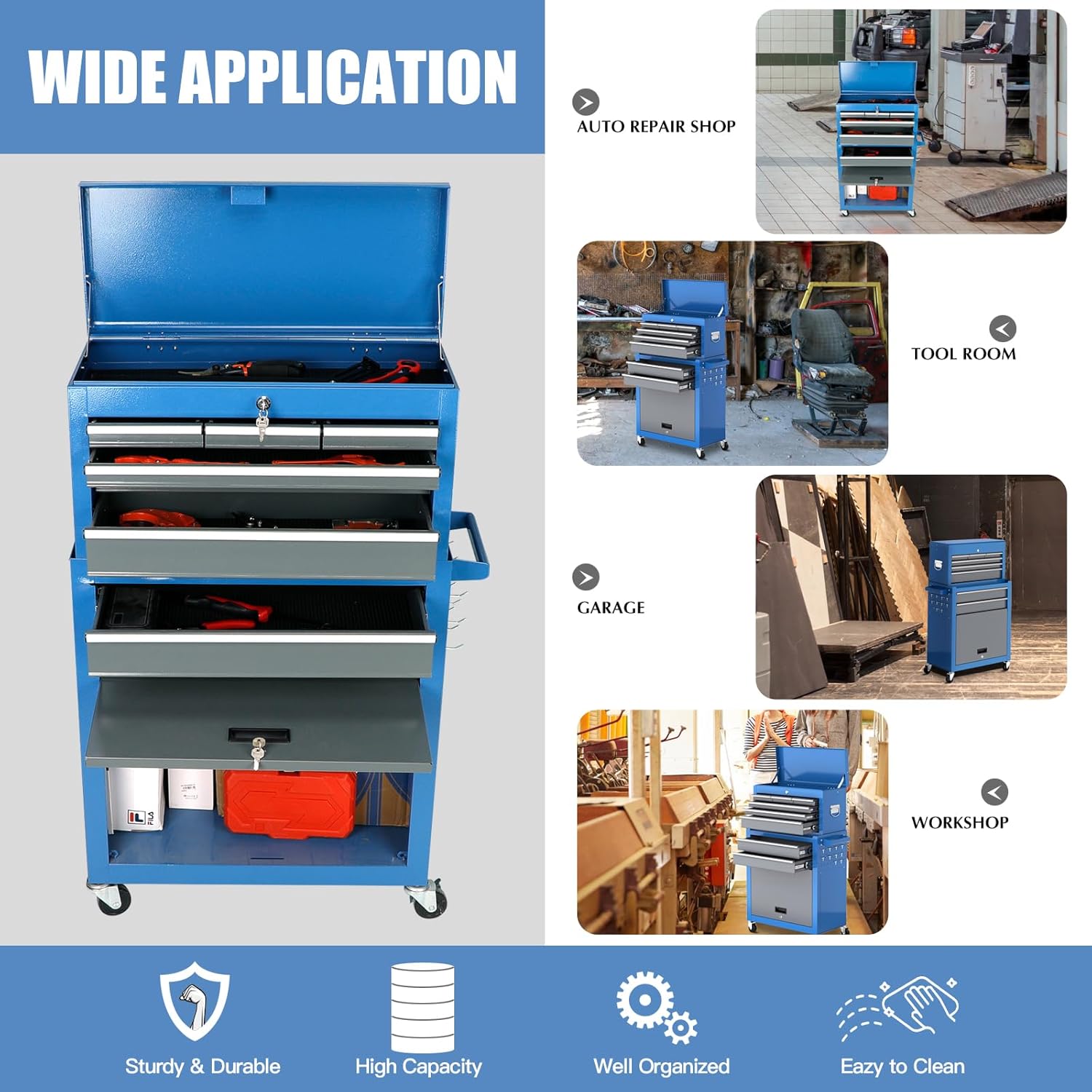 8-Drawer Rolling Tool Chest Cabinet with Wheels, Large Tool Storage Cabinet with 10 Hooks & 8 Tool Box Organizer & 2 Keys,Detachable High Capacity Tool Chest for Workshop Mechanics Garage