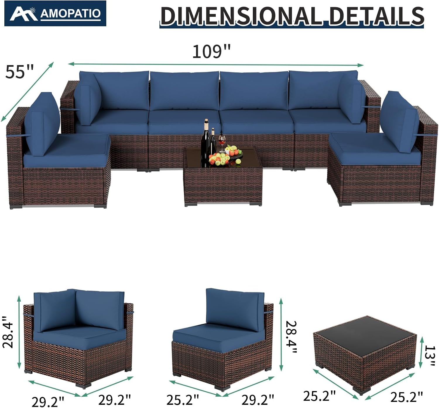 Amopatio Patio Furniture Set with Waterproof Cover, Modular Outdoor Sectional 7 Piece Wicker Patio Set, Multiple Combinations Outdoor Sofa w/Coffee Table, Navy Blue