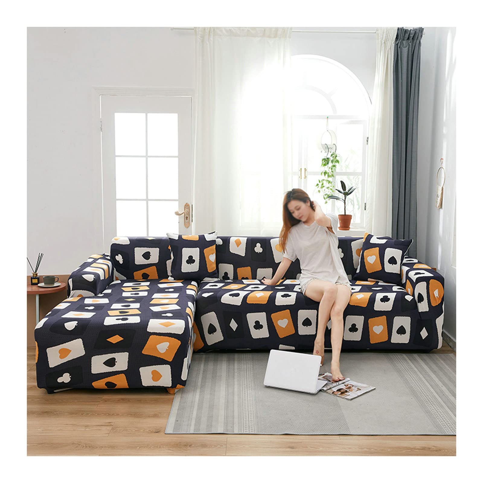 Funda de sofá de poliéster elástica KnSam de 235-300 cm para sofás en forma de L gris oscuro