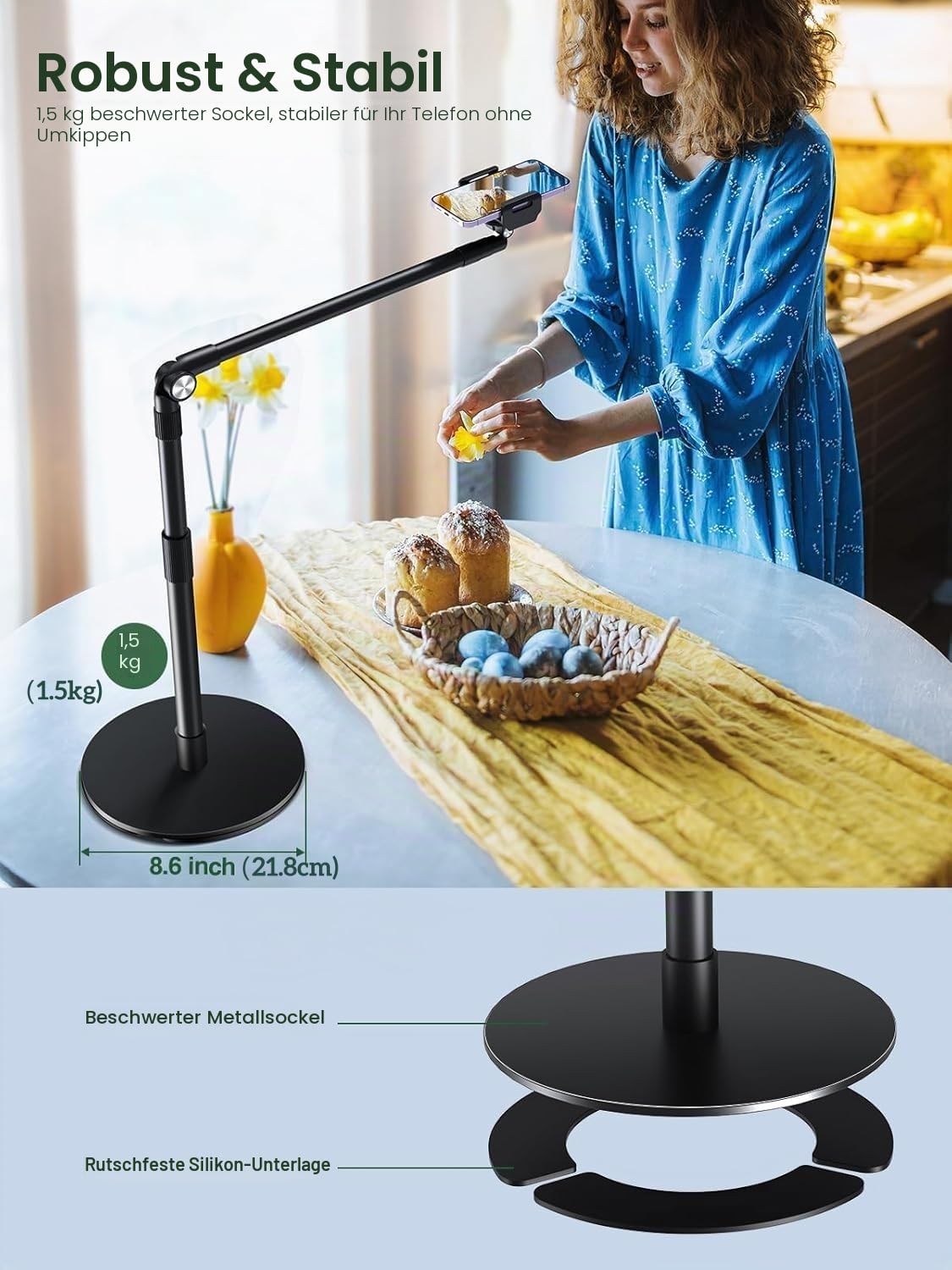 elitehood Handyhalterung Tisch zum Filmen mit Robuste Basis, Höhenverstellbar Overhead Stativ Handy Ständer zum Filmen, 38cm Langer Arm Handyhalterung Schreibtisch für iPhone 15 14 13, Android Handy