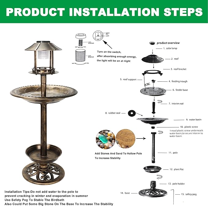 Bird Bath with Solar Light&Feeder& Planter Pedestal,Copper Bird Baths for Outdoors Garden,Yard,Patio,Lawn(41in High)