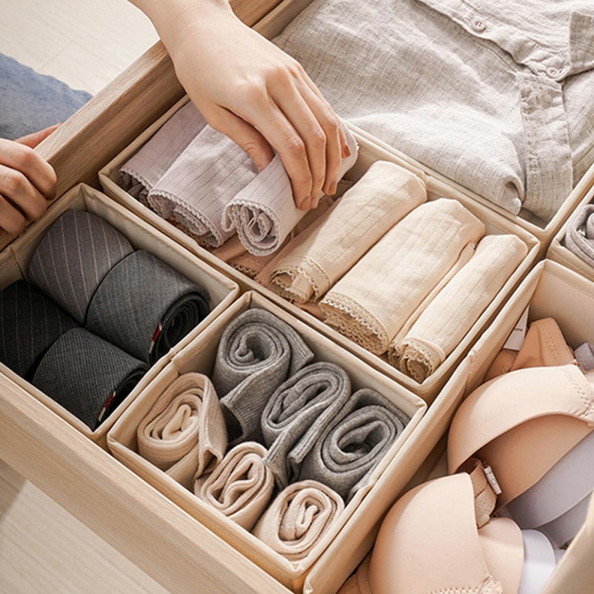 Set 3 Organizer per Cassetti Beige, Scatole Portaoggetti Divisorie per Reggiseni e Calzini, Contenitori per Armadio Casa, Organizzatore Biancheria Intima Pieghevole per Camera