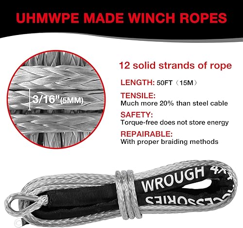 Miniatura 2 de Cuerda de cabrestante sintética de 316 pulgadas, 50 pies, resistente, 8500 libras, cuerda de cabrestante ATV con gancho de acero, tapón de goma,