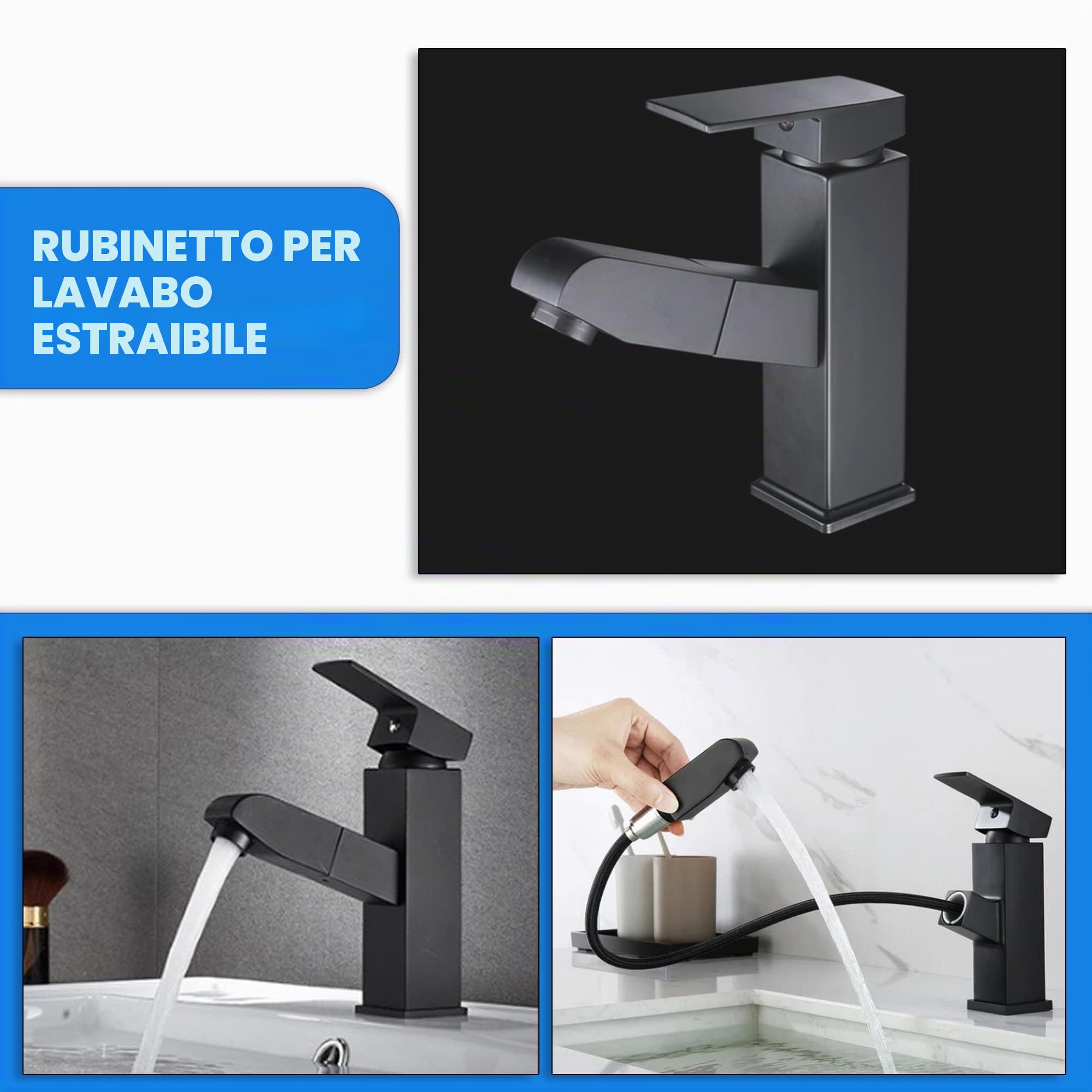 Rubinetto bagno nero con doccetta estraibile acciaio inossidabile acqua calda e fredda con 2 tubi inclusi miscelatore lavabo