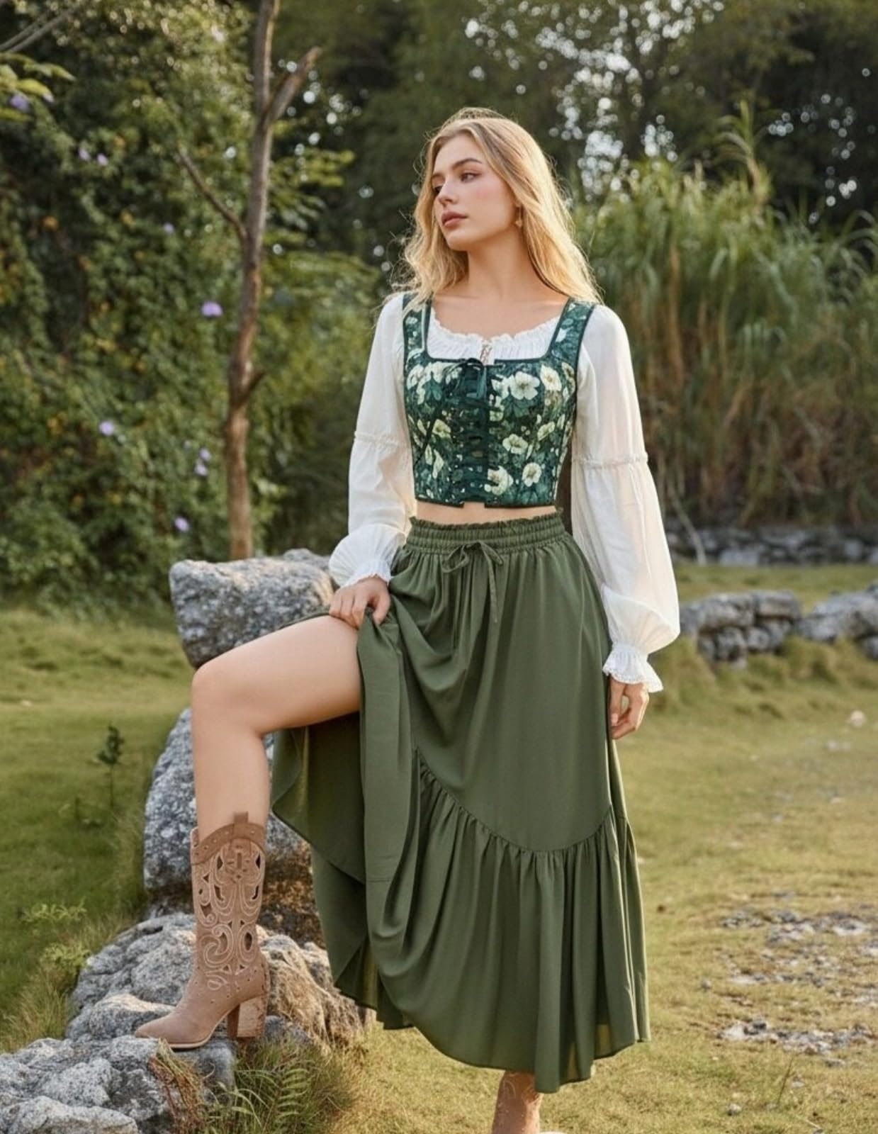Scarlet Darkness Renaissance Corset Top for Women Boned Lace-up Overbust Bustier Corsets: 10 White-green Floral