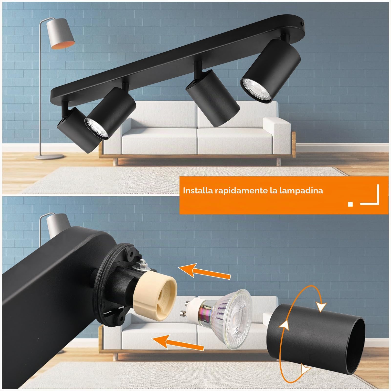 KYOTECH Faretti da soffitto orientabili a 4 luci Plafoniera LED Attacco GU10,Per 4 lampadine GU10 non incluse, Lampadario moderno per Camera Faretti Orientabili Parete Lampadine Nero Opaco