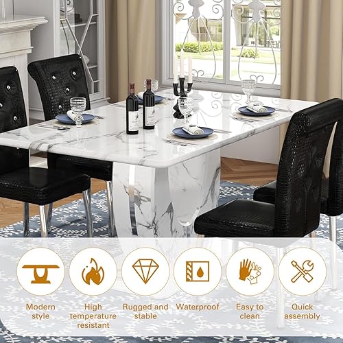 Miniatura 4 de JUFU Juego de mesa de comedor de mármol para 6 personas con mesa de mármol sintético de 63 pulgadas y pedestal en forma de U, mesa de comedor 6