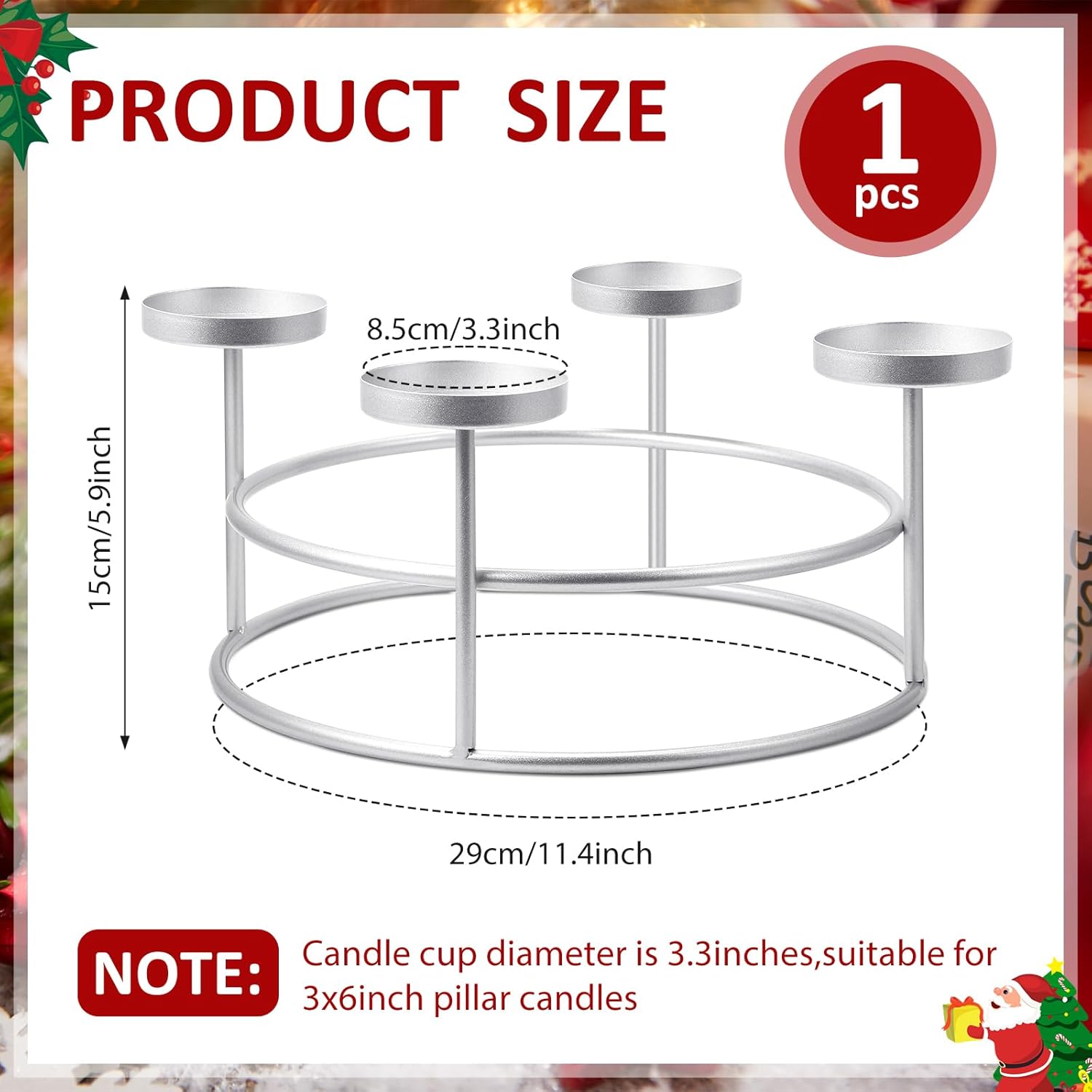 Mumufy Christmas Advent Candle Holder 11.4 Inch Large Size Wreath Ring Candle Stand for 3 Inch Pillar Advent Candles Rustic Candlesticks for Xmas Home Religious Holiday Decoration(Silver)