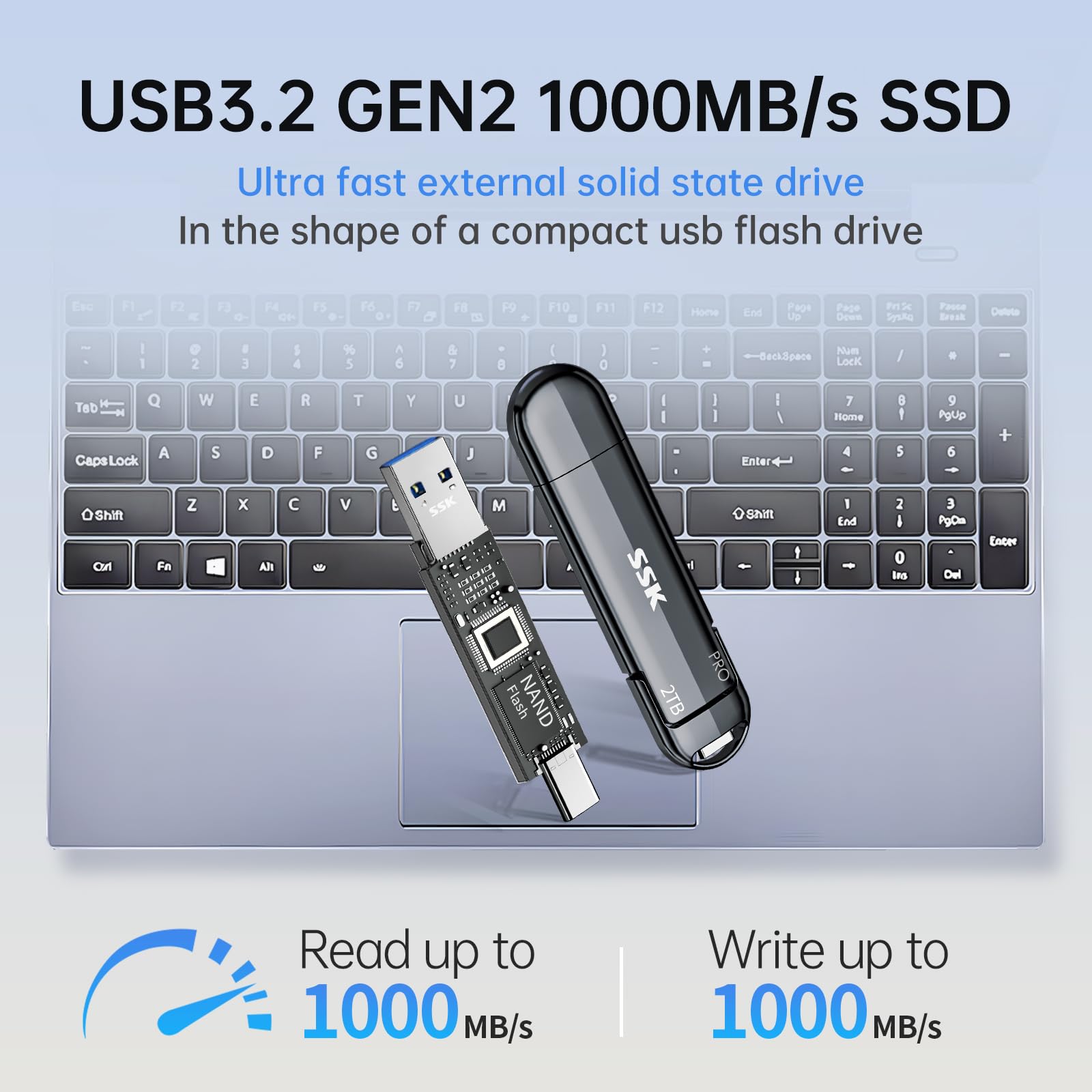 SSK USB Flash Drive 2TB SSD External, TLC NAND Solid State Drive Dual USBC & USBA Ports, Up to 1000MB/s High-Speed Portable 1TB USB Thumb Drive Stick for iPhone 15/16/17 Pro, Mac, Android, PC Backup - Detailed View