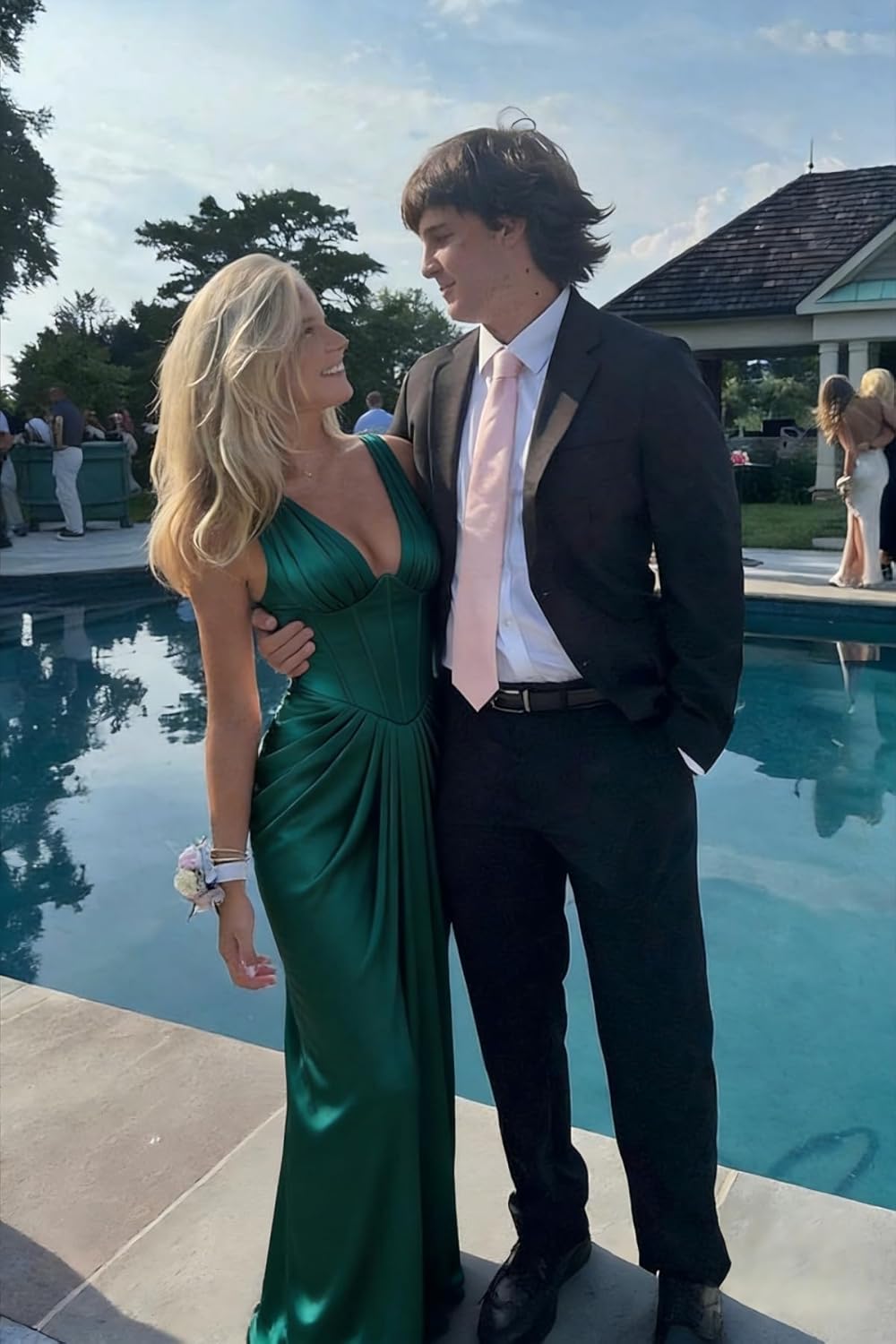 Mermaid Pleated Prom Dresses for Women 2026 Long V Neck Corset Satin Formal Evening Gowns