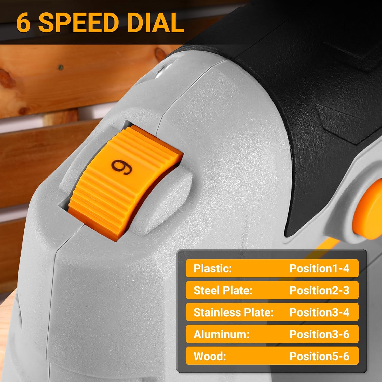 Close-up of the 6-speed dial on the DEKOPRO Jigsaw with recommended settings for plastic, steel, stainless steel, aluminum, and wood