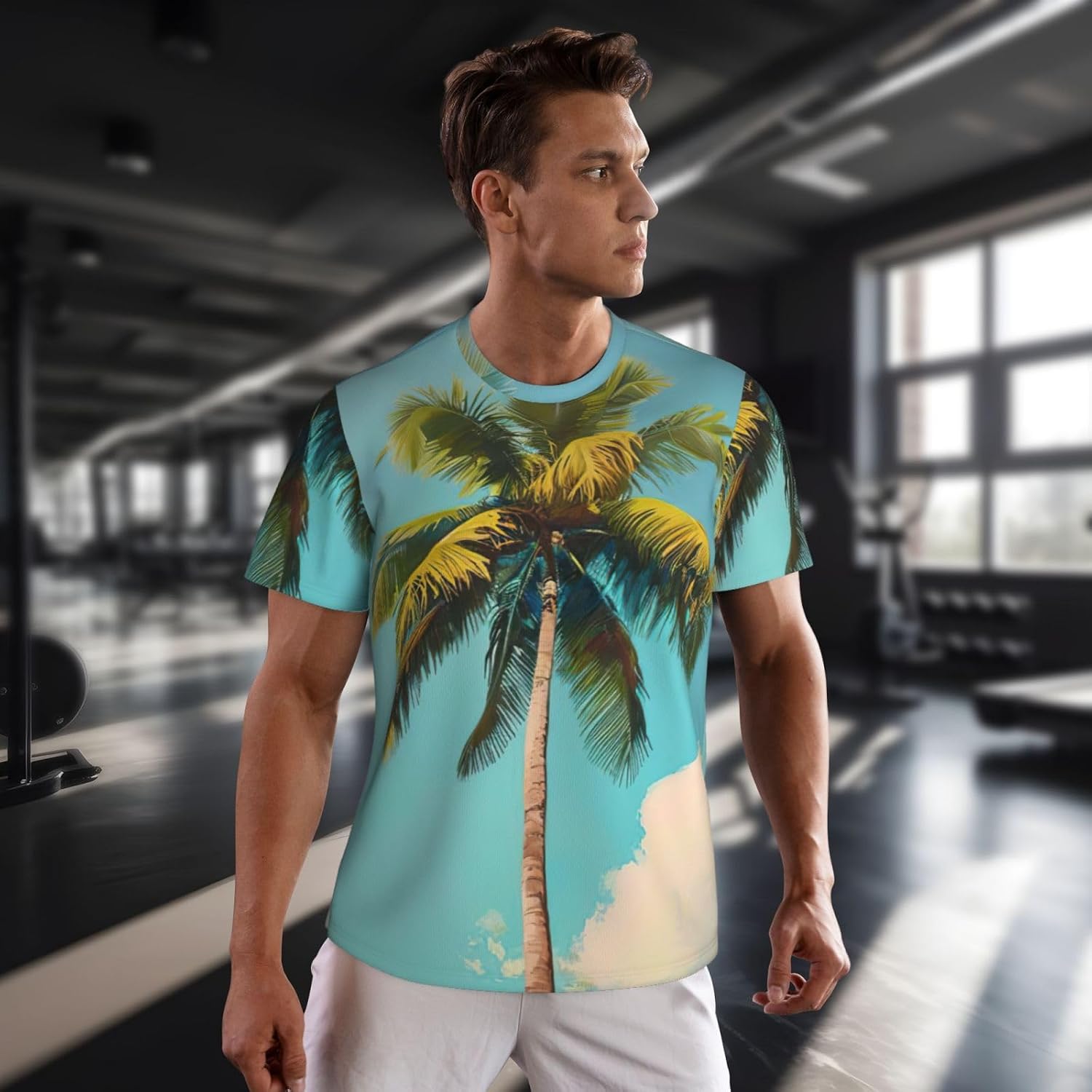 Palm Tree Print Mens Short Sleeve Mesh T-Shirt Breathable Athletic Gym Running Casual Sports Wear