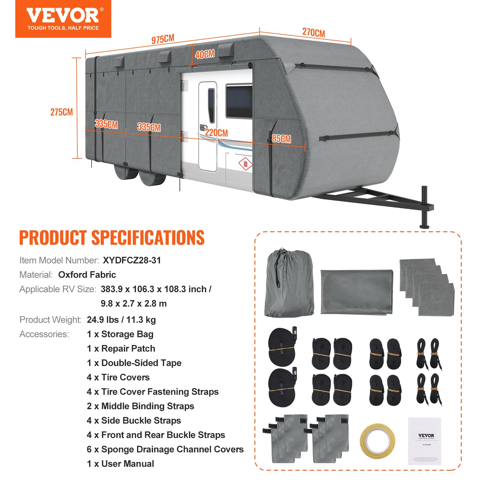 VEVOR Funda para Caravana de Tela Oxford 300D, Resistente al Viento y Antidesgarro, Clase A, con Bolsa de Almacenamiento, Parches de Reparación, Correas y Fundas de Neumáticos, 9,8 x 2,7 x 2,8 m