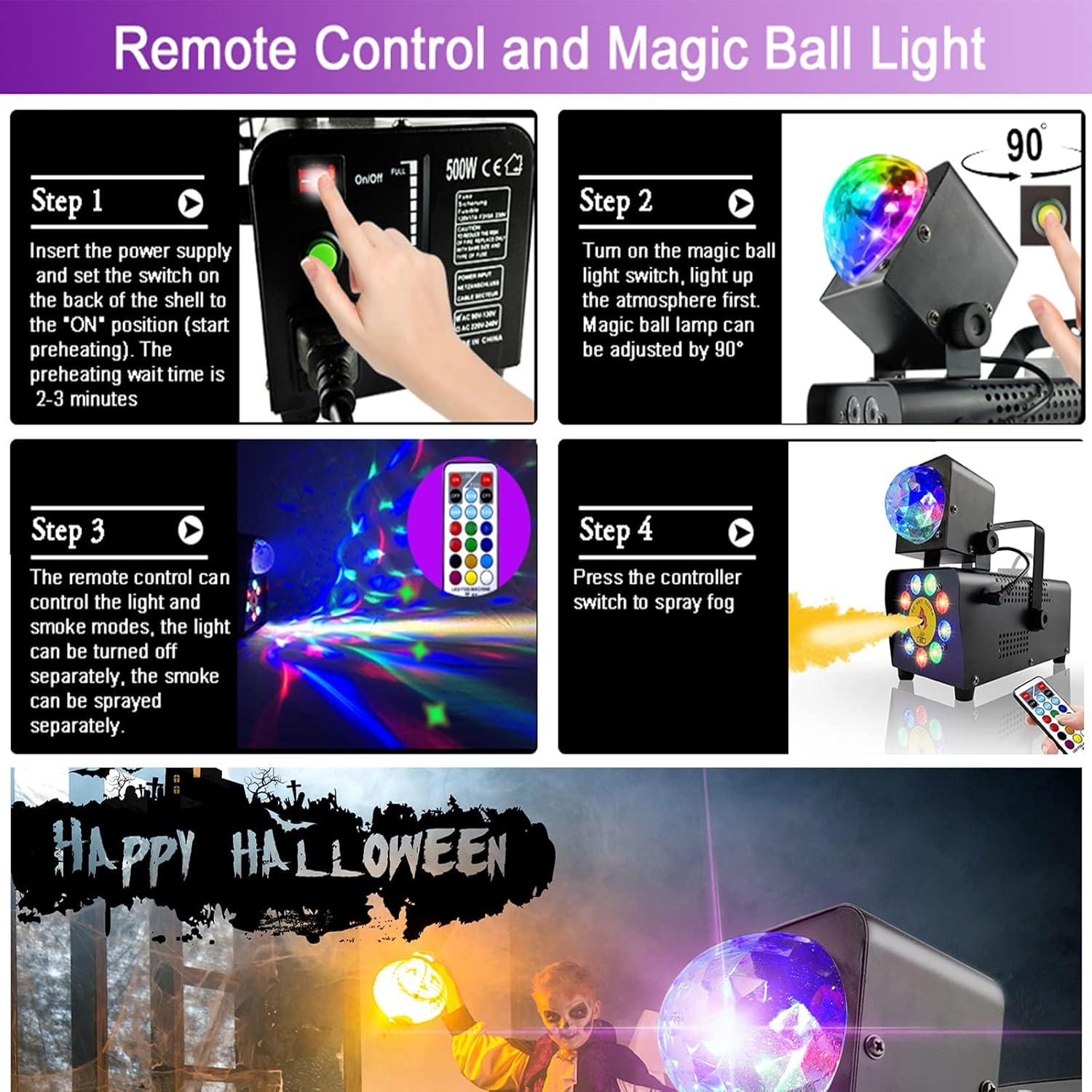 IMONE Fog Machine with Disco Lights, 16 Colorful LED Smoke Machine, Wireless Remote Control for Indoor Outdoor Parties, Stage, DJ, Halloween & Events