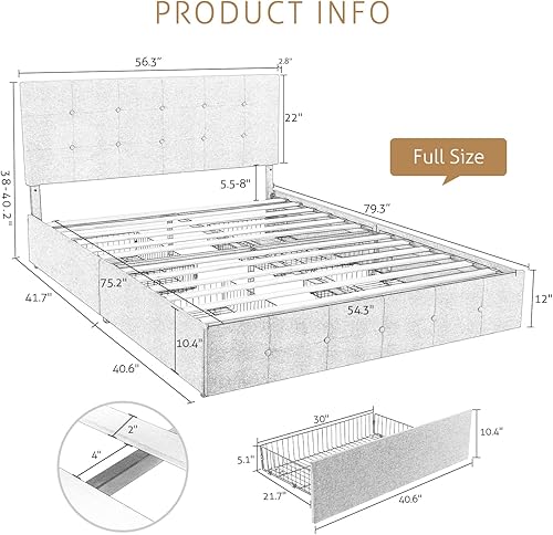 Miniatura 2 de SHA CERLIN Base de cama tapizada de tamaño matrimonial con cabecera ajustable y 4 cajones de almacenamiento debajo de la cama, no necesita somier,