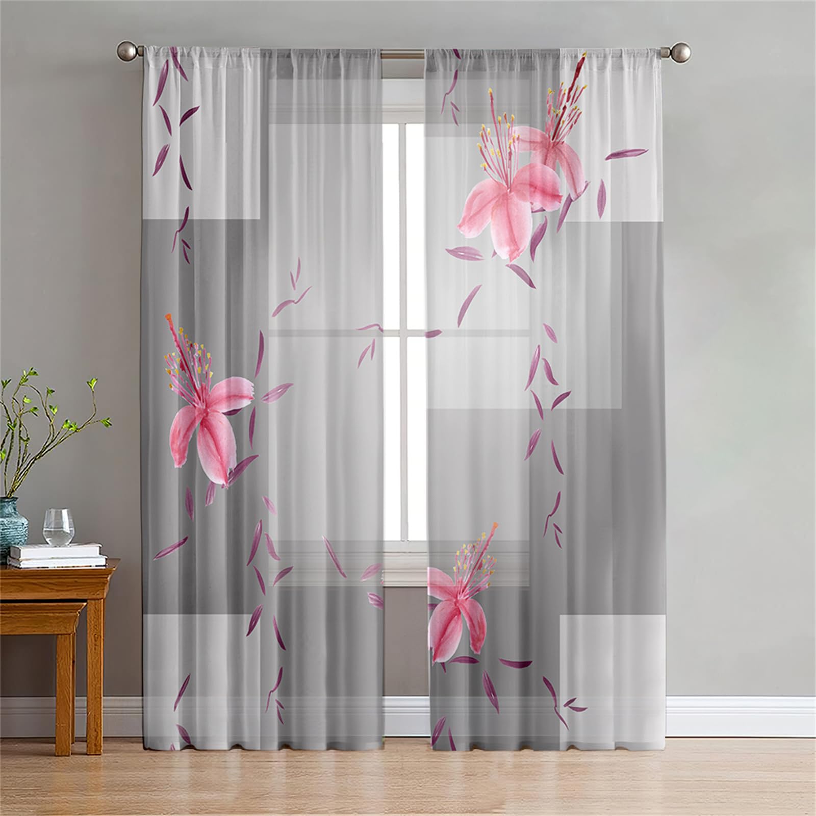 Surwin Translucidas Cortinas Salon, Estampado de Sakura Japonés 2 Piezas Cortina, Cocina Dormitorio Cortinas y Moderno Visillos Visillos Cortos para Ventanas (Gris,140x160cm)