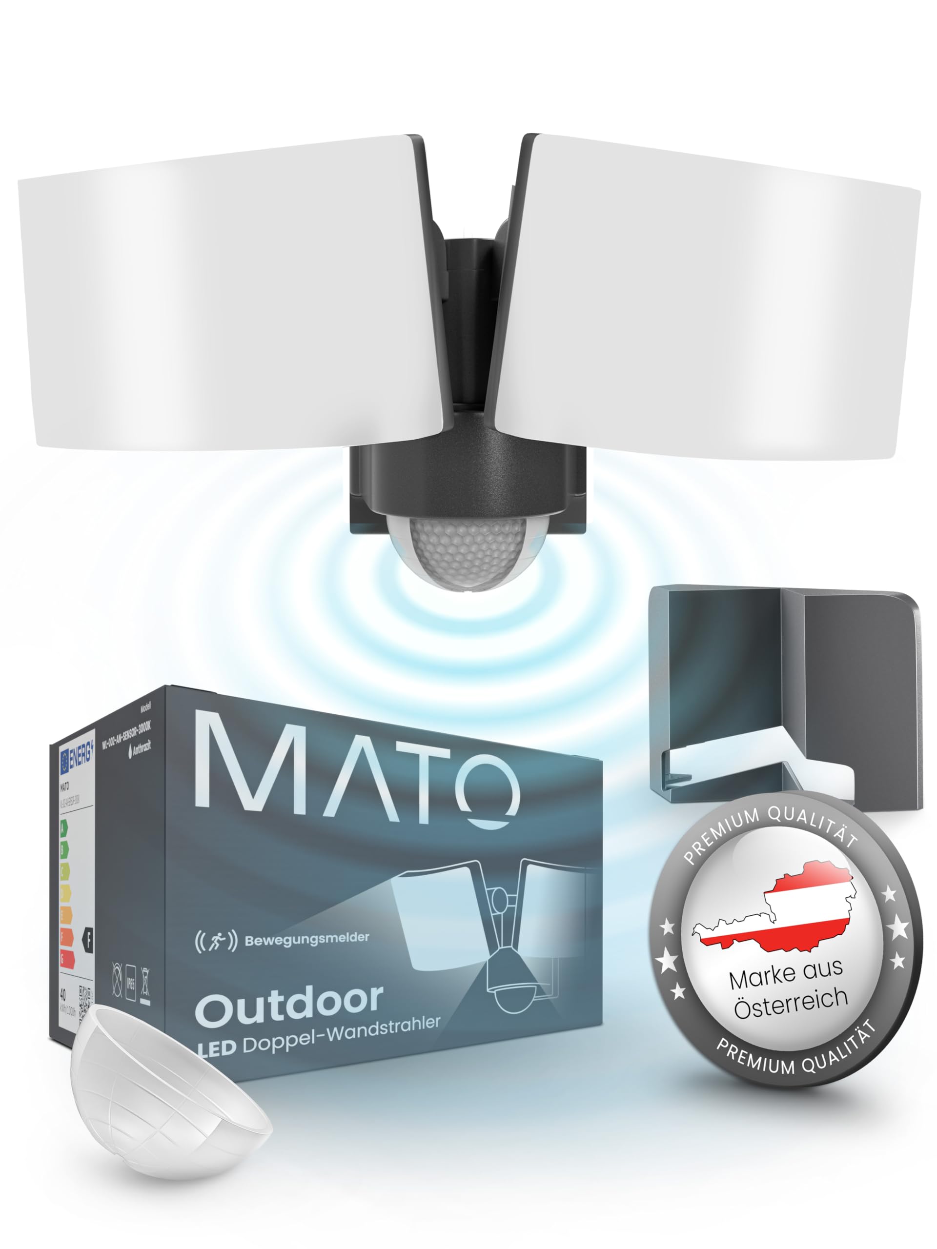 MATO® Doppel LED Strahler mit Bewegungsmelder Außen - 40W Wand Außenleuchte mit Bewegungsmelder - 3000K, IP65, Anthrazit - Aussenlampe mit Bewegungsmelder, Außenstrahler, Wandstrahler, Wandleuchte