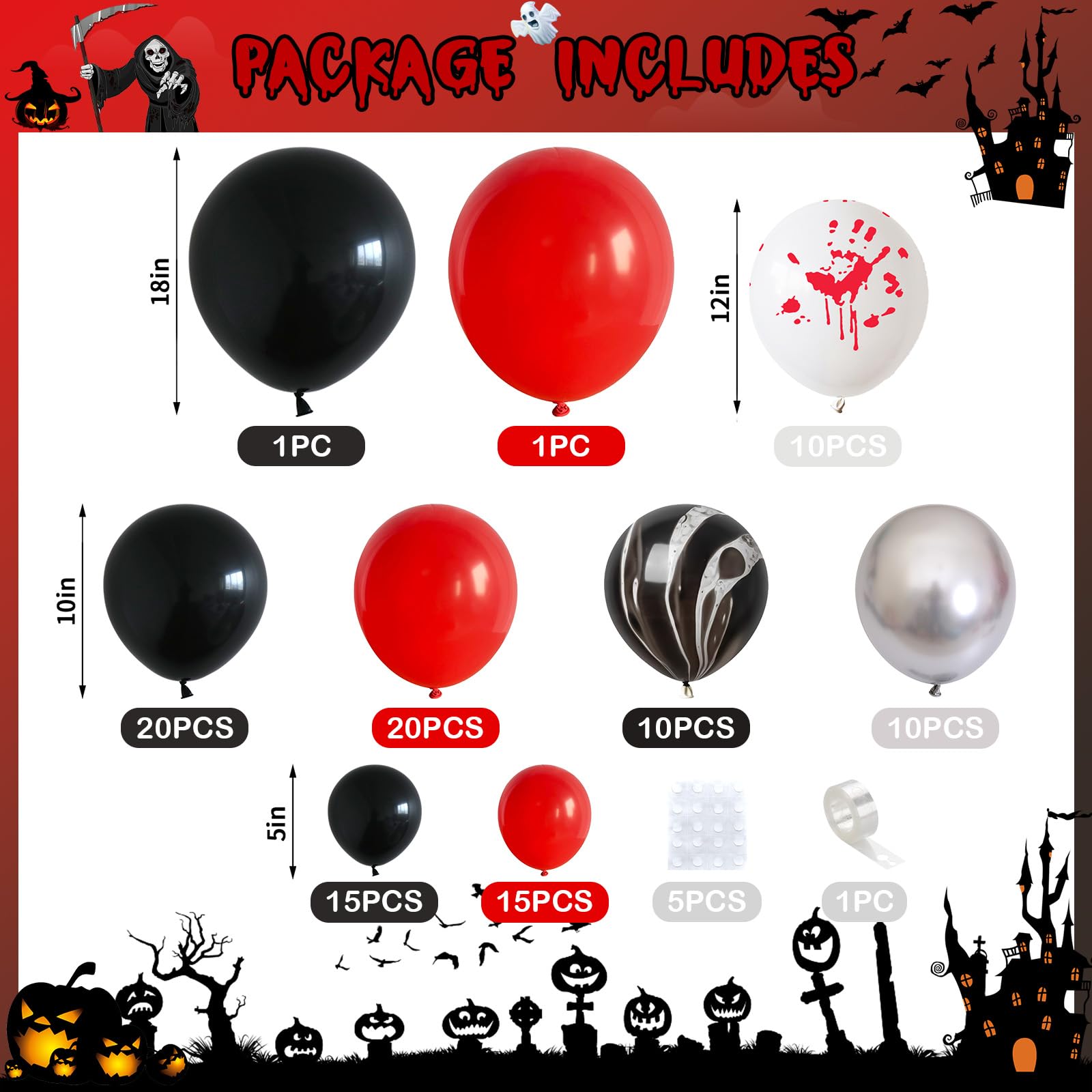 Zestaw łuku balonowego na Halloween, krwawe balony, girlanda, czarno-czerwony balon z horrorem, marmurowe, lateksowe balony na straszną straszną morderczą noc, duch, upiorny wampir, urodziny