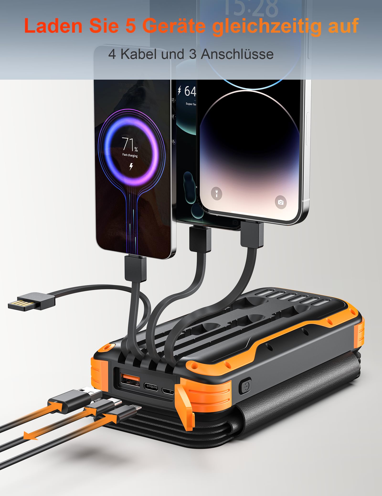 Solaire Power Bank 20000mAh, Chargeur Portable avec 4 Panneaux Solaire, 4 Câbles, Banque d'Énergie Solaire USB C avec Batterie Externe et 2 Lumières de Poche LED, pour Smartphones, Tablettes (Orange)