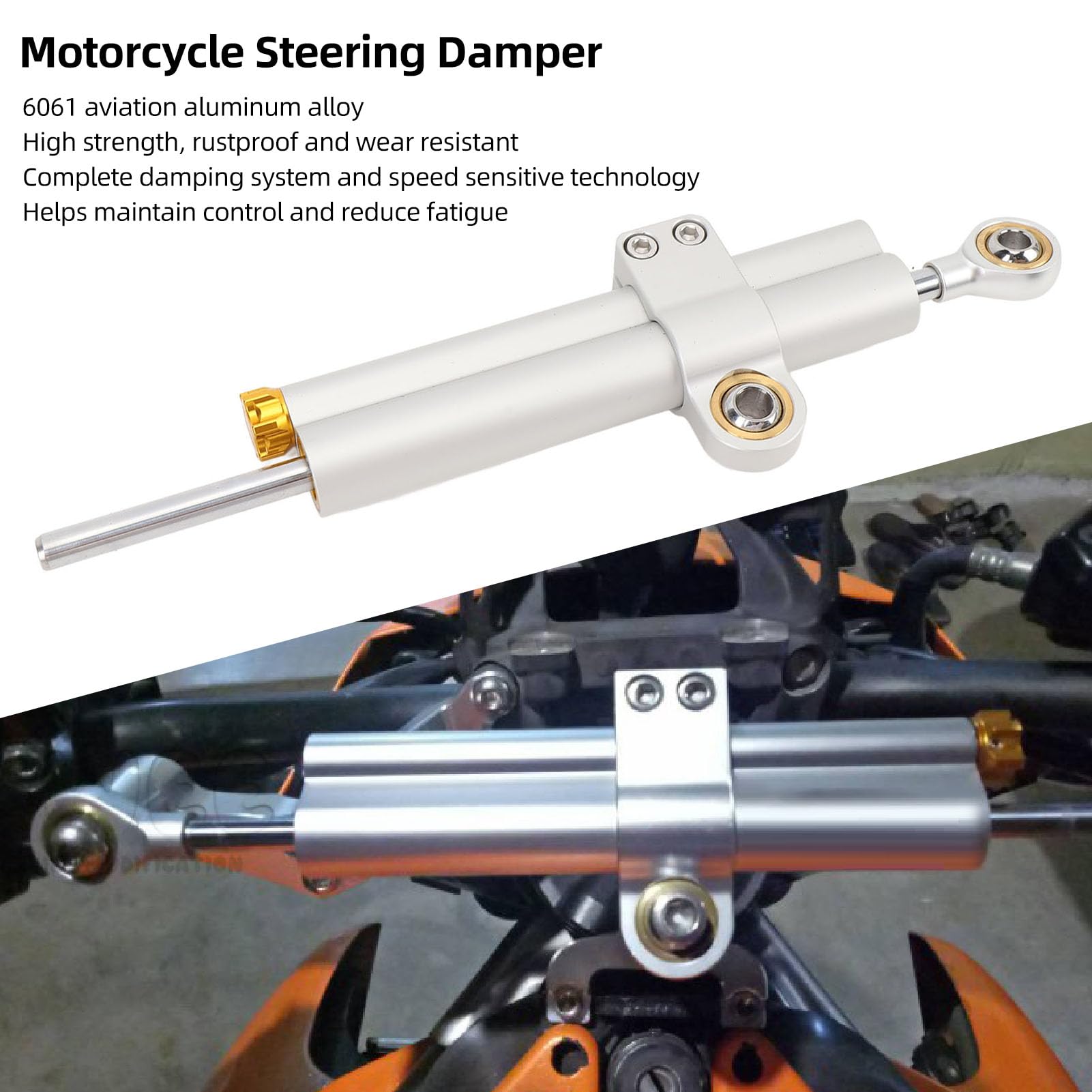Keenso Amortyzator Układu Kierowniczego Motocykla, Uniwersalny Stabilizator Układu Kierowniczego ze Stopu Aluminium 6061 z 21-poziomową regulacją Tłumienie Zależne od Prędkości Jazdy 75 Mm dla