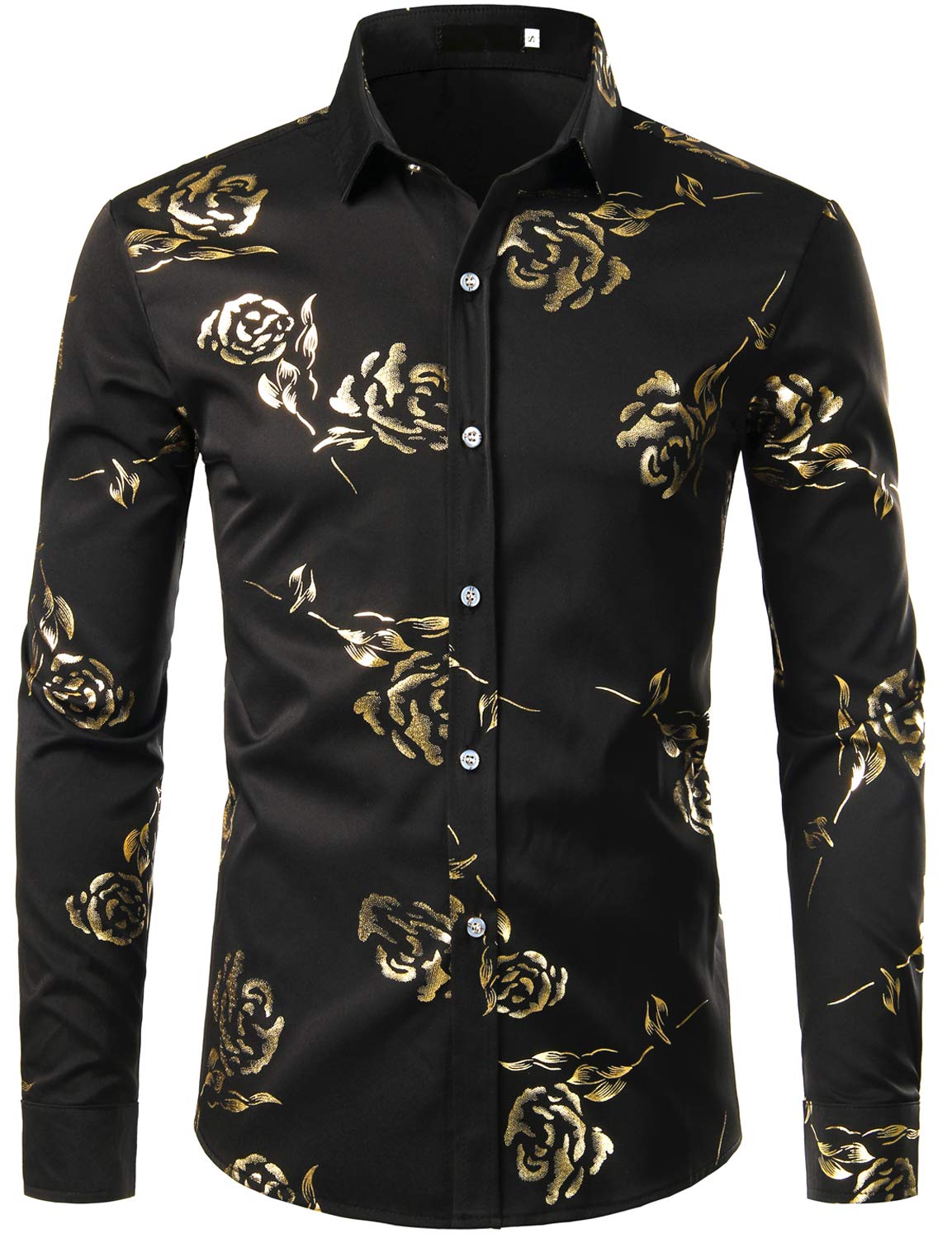 Zeroyaa Mens Hipster Gold Rose Printed Slim Fit Long Sleeve