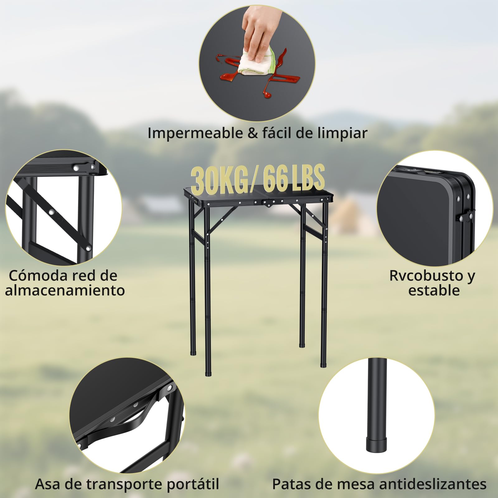 Anbte Mesa Plegable Camping 60x40x27.3/51/74.7cm Ajustable Altura Mesas de Acampada Portátil Mesa Playa Aluminio Impermeable Negro para Terraza Playa Exterior BBQ (Instalación Roscada)