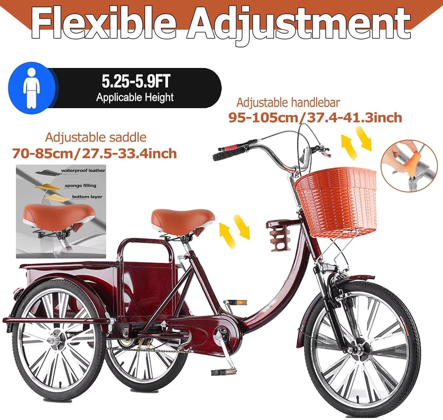 Cargo Trike with Rear Cabin,3 Wheels Bike with 20inch Wheels,Adult Tricycle with Dual Brakes,Pedal Assist Cruiser for Recreation, Shopping, Exercise,Front Suspension