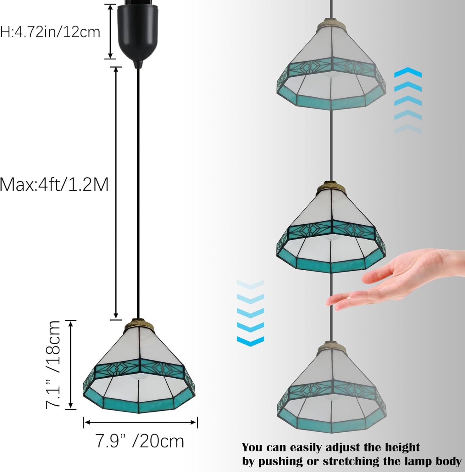 Mini Adjustable Cord Length Halo Track Lighting Pendants, 4 Ft Cord, H-Type Track White&Blue Tiffany Stained Art Glass, E26 Socket Track Mount for Kitchen Island Sloped Vaulted Ceiling