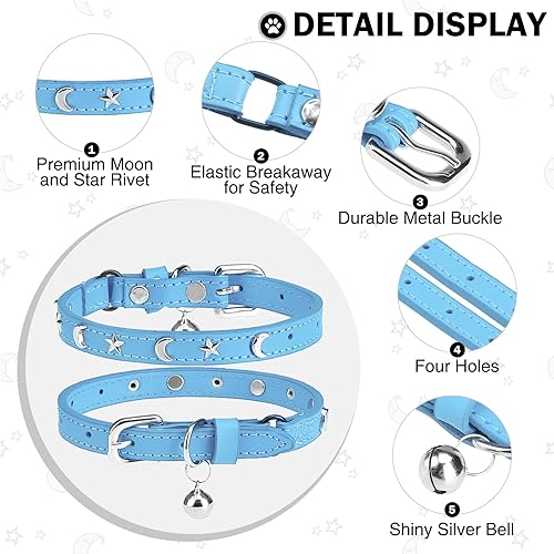 Miniatura 9 de Collares de cuero para gatos con campana y cinturón elástico de seguridad, remaches personalizados, collar de hebilla segura ajustable con dije de