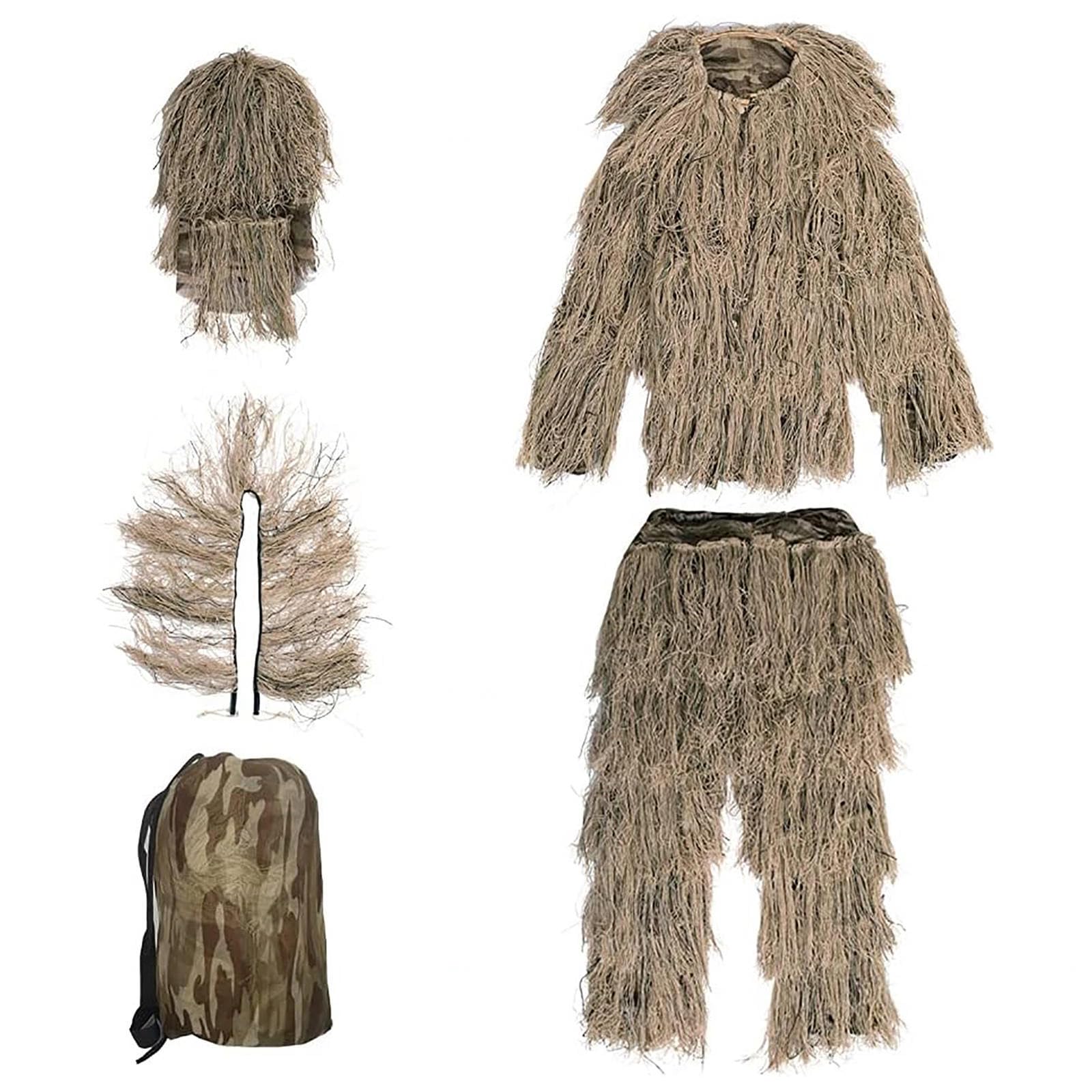 5-Teilige 3D Tarnanzug Camouflage Jagdbekleidung Tarnanzug Herren Einschließlich Jacke,Hose,Kapuze,Tragetasche Tarnumhang für Unisex Erwachsene/Jugendliche,DryGrass-Adults